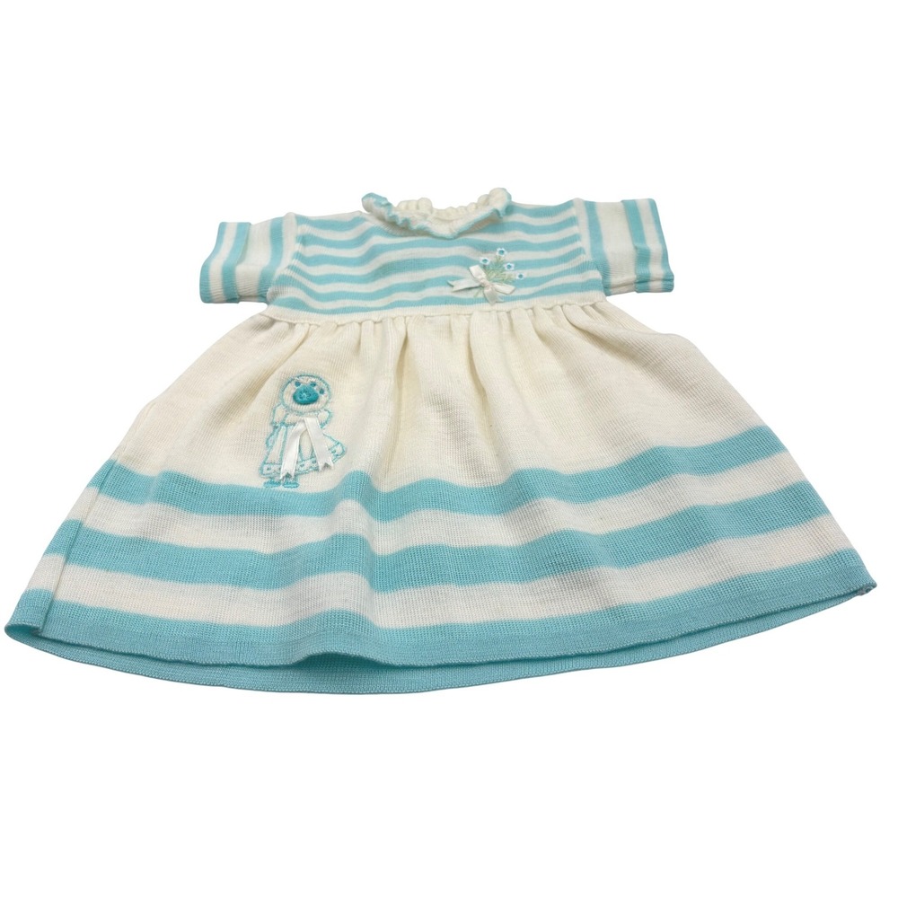 Vintage Embroidered 12 Month Baby Girls Knit Sweater Dress Blue Appliqué